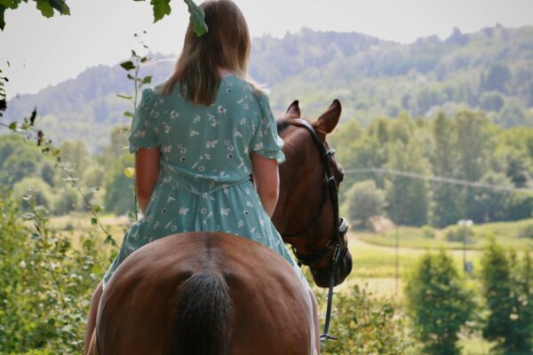 Frau auf Pferd in sommerlicher Landschaft – emotionale Szene zum Pferde fotografieren mit Mensch und Tier in Harmonie
