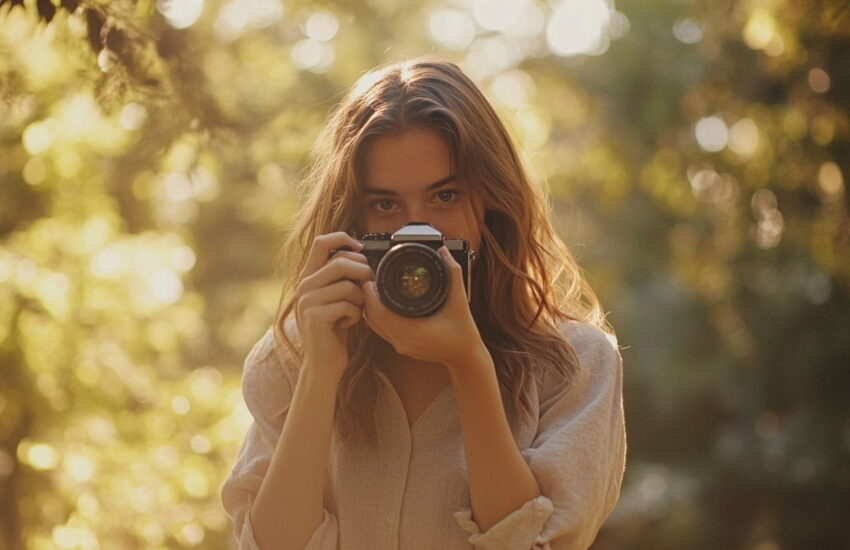 Junge Frau fotografiert in der Natur, stärkt ihr Selbstbewusstsein