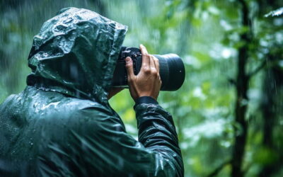 Fotograf mit Kamera-Regenschutz im Wald bei Regen