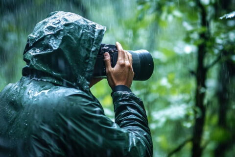 Fotograf mit Kamera-Regenschutz im Wald bei Regen