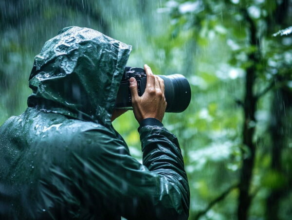 Fotograf mit Kamera-Regenschutz im Wald bei Regen