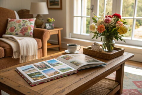 Offenes Fotoalbum auf einem Couchtisch, gefüllt mit Familienfotos und umgeben von gemütlicher Dekoration.