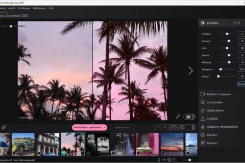 Screenshot der Korrekturoberfläche im Ashampoo Photo Optimizer 2025 mit einem Beispielbild, das automatisch optimiert wurde.