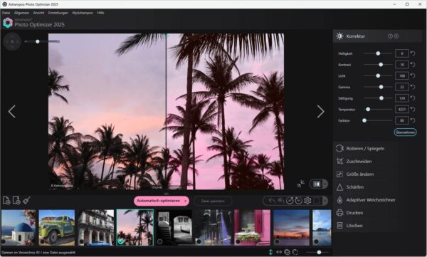 Screenshot der Korrekturoberfläche im Ashampoo Photo Optimizer 2025 mit einem Beispielbild, das automatisch optimiert wurde.