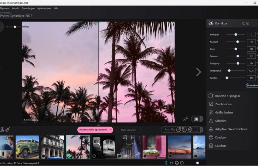 Screenshot der Korrekturoberfläche im Ashampoo Photo Optimizer 2025 mit einem Beispielbild, das automatisch optimiert wurde.