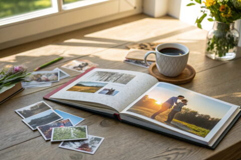 Fotobuch mit hochwertigen Fotos, umgeben von ausgedruckten Bildern und einer Tasse Kaffee auf einem Holztisch.